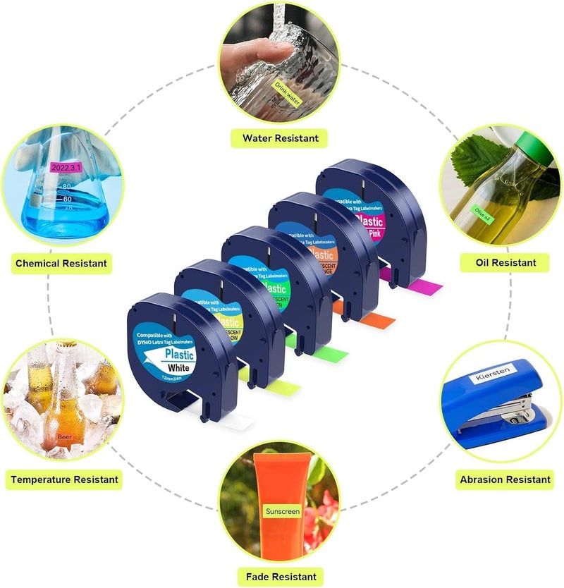 PROFICETIK 5 Pack Compatible with Dymo Letratag Refills Replacement for Dymo Label Maker Refills 12mm x 4m(1/2" x 13') Colored Plastic Label Tape for Letra Tag LT 100H 100T QX50 Handheld Label Maker Tape Refill - Image 4